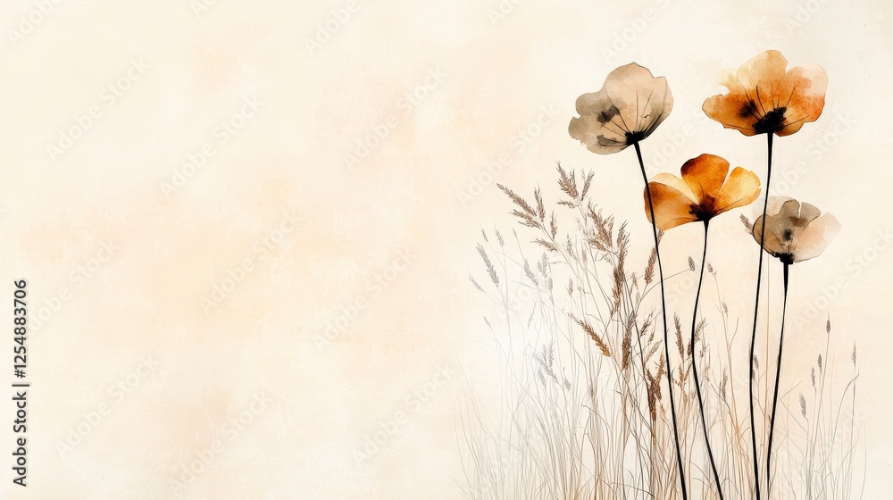 Naklejka premium Elegant Watercolor Flowers with Delicate Grasses on Soft Background for Sublime Nature Decor