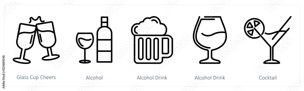 A set of 5 food icons as glass cup cheers, alcohol, alcohol drink A set of 5 food icons as glass cup cheers, alcohol, alcohol drink