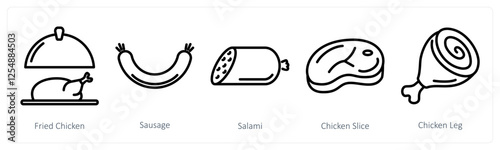 A set of 5 food icons as fried chicken, sausage, salami