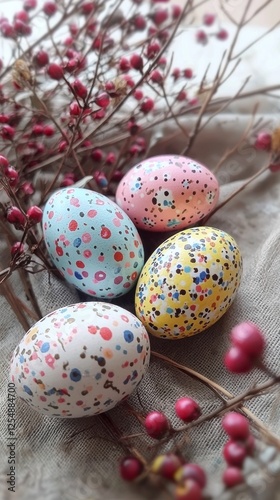 Vibrant speckled eggs in shades of blue, pink, yellow, and white rest gracefully on a textured cloth, surrounded by twigs and bright berries, perfect for spring festivities