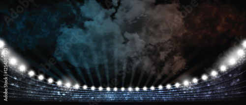 Sports stadium. Tribunes illuminated by floodlights.