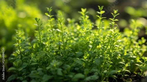 27.A detailed closeup of green stem lettuce plants growing in a sunny garden, showcasing their vibrant green foliage and healthy, upright stems.