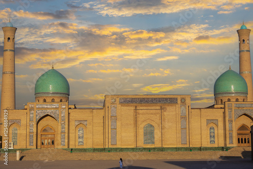 Evening back square with view on Hazrati Imam Jome Mosque at Hazrati Imam complex in Tashkent, Uzbekistan photo