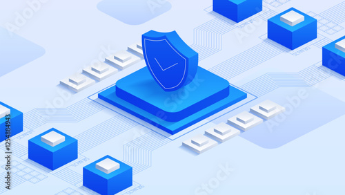Futuristic cybersecurity vector concept with isometric design, showcasing advanced technology and data protection in a digital environment. Ideal for tech-related projects and presentations.