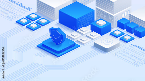 Vector isometric digital illustration of a cybersecurity concept, highlighting advanced technology, data protection, and network security in a futuristic digital environment.