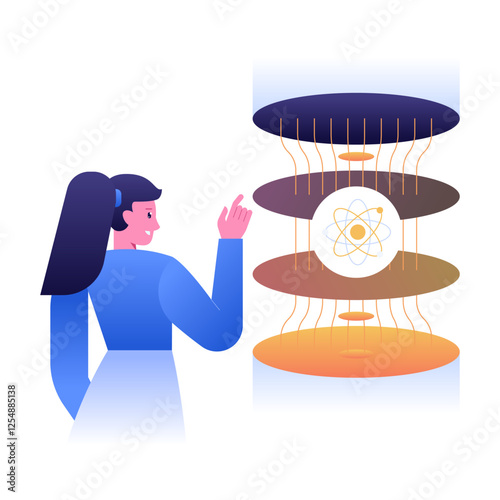 Quantum Computing Revolution. Quantum computing concept with layered quantum states and an atom symbol, representing groundbreaking advancements in computational power and quantum technology