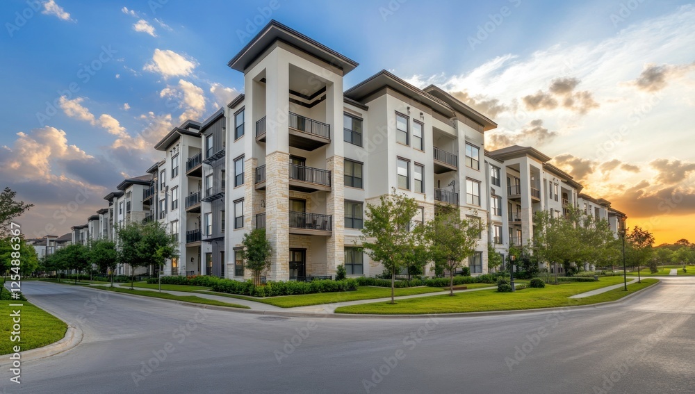 Fototapeta premium Luxury Apartments at Sunset: Modern Residential Complex