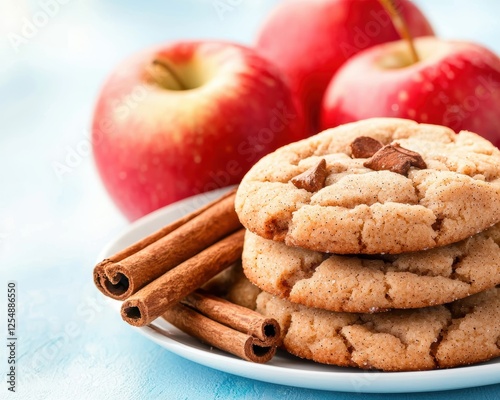 A platter of freshly baked apple cookies, enhanced by cinnamon sticks and apples in the background, ideal for cozy dessert themes photo