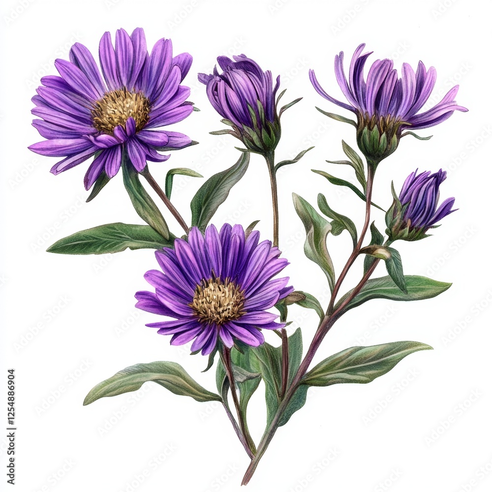 Obraz premium Beautiful Purple Flowers with Buds and Leaves, Perfect for Nature and Floral Illustrations