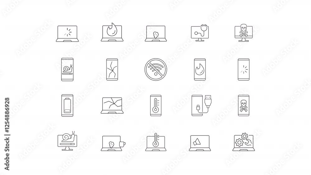 Devices problems animation set. Maintenance issues animated line icons. Phone overheat, computer death. Black illustrations on white background. HD video with alpha channel. Motion graphic Devices problems animation set. Maintenance issues animated line icons. Phone overheat, computer death. Black illustrations on white background. HD video with alpha channel. Motion graphic