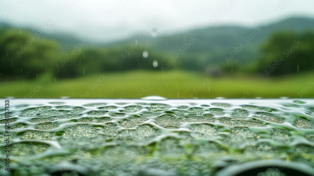 Fototapeta premium 63.A detailed shot of water droplets forming intricate patterns on a smooth glass surface, with a lush green landscape blurred in the background, evoking a calm rainy day ambiance.
