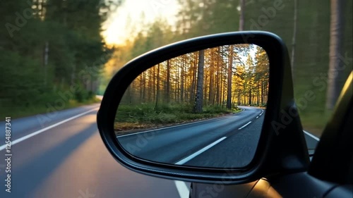 Car Mirror Reflecting Winding Road Through Forest at Sunset.