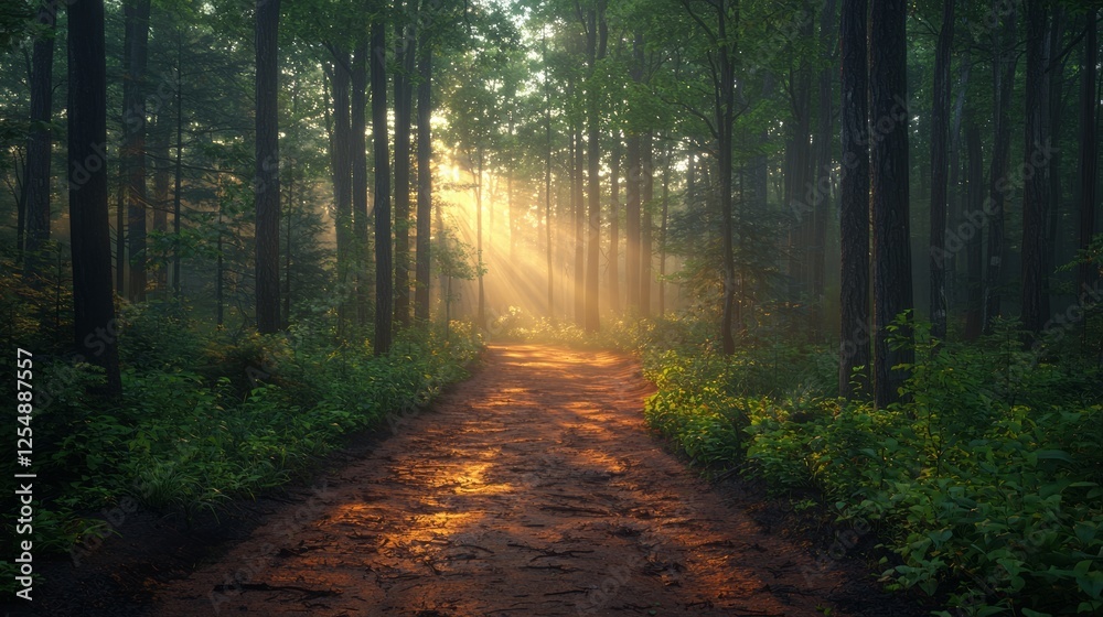 Naklejka premium Sunrise path through misty forest, tranquil scene, perfect for nature wallpaper