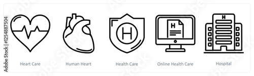 A set of 5 medical icons as heart care, human heart, health care