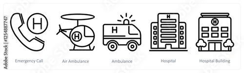 A set of 5 medical icons as emergency calll, air ambulance, ambulance