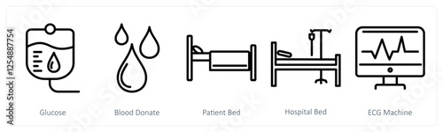 A set of 5 medical icons as glucose, blood donate, patient bed