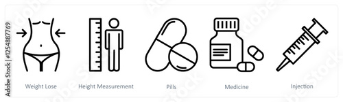 A set of 5 medical icons as weight lose, height measurement, pills