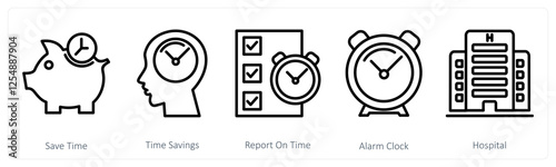 A set of 5 medical icons as save time, time savings, report on time