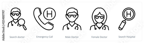 A set of 5 medical icons as search doctor, emergency call, male doctor