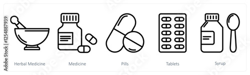 A set of 5 medical icons as herbal medicine, medicine, pills