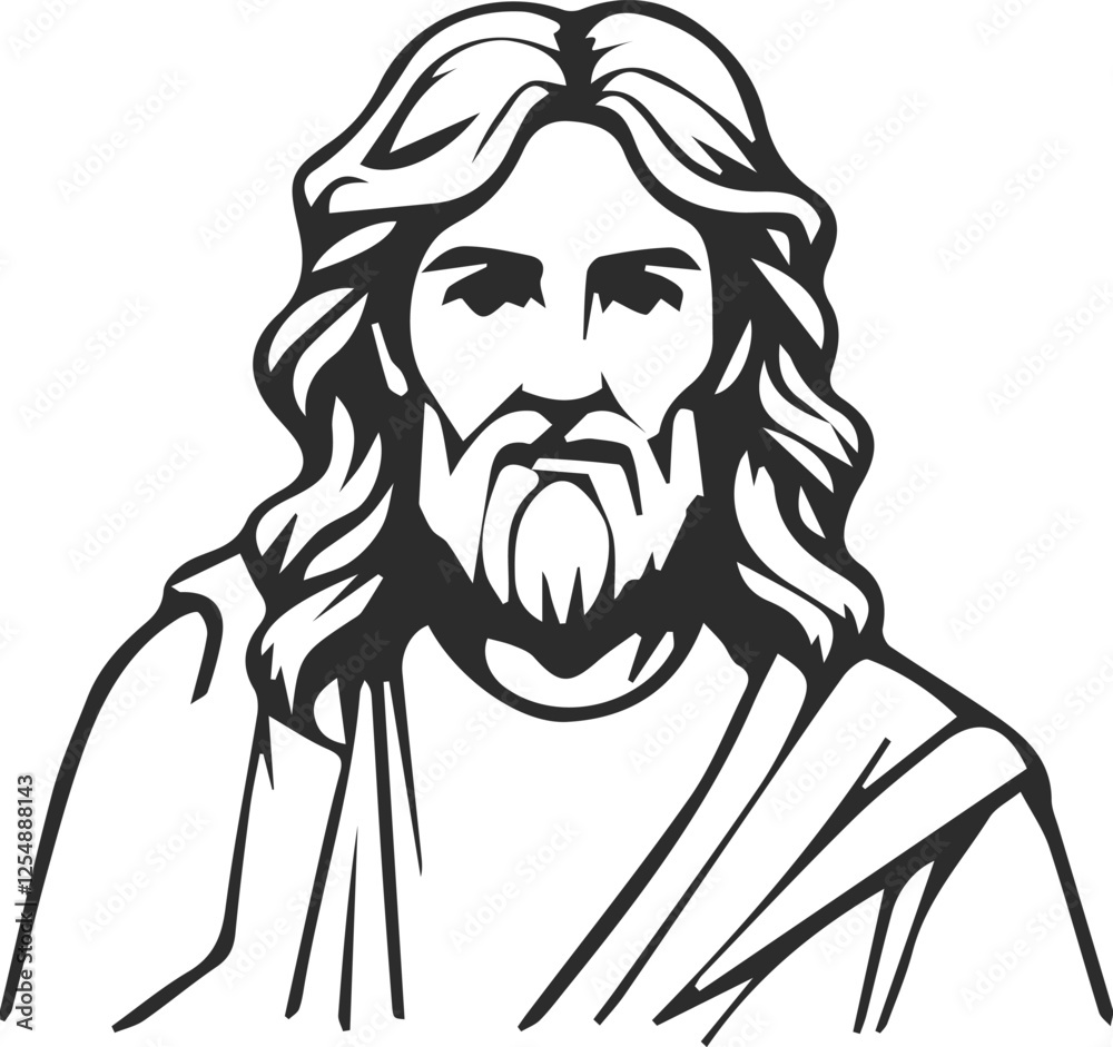 Fototapeta premium Icon of ancient figures, image of a man similar to Jesus, a man in ancient clothes with long hair. Black line icon.