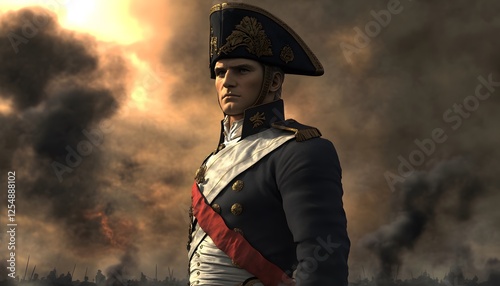 A regal military leader stands amidst a smoky battlefield scene