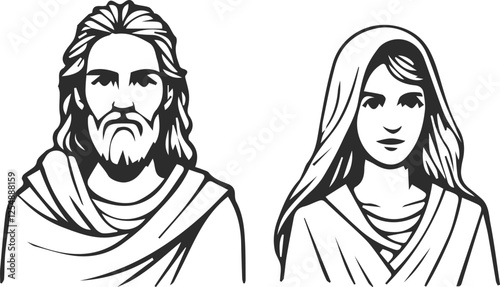 Man and woman in ancient clothing, depiction of historical figures, black line.
