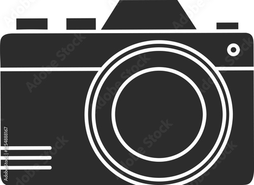 Icon of a retro camera with a large lens silhouette without a contour outline in black color.
