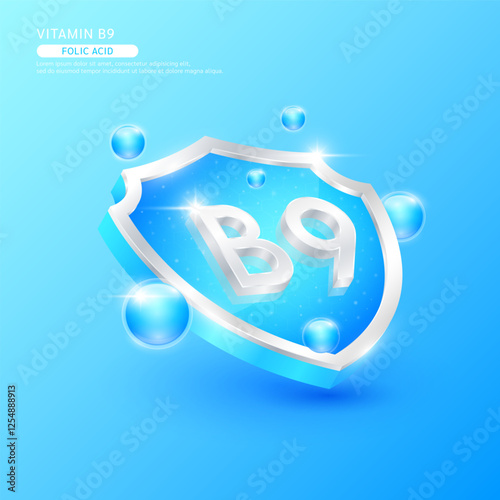 Vitamin B9 or Folic Acid in silver shield shape and blue atom. Protect the body stay healthy. Used for nutrition products food. Medical scientific concepts. Isolated 3D Vector EPS10 illustration.