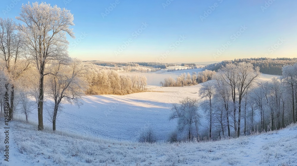 Serene winter panorama of a snowy landscape with frosted trees Serene winter panorama of a snowy landscape with frosted trees