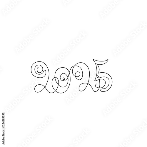 Calligraphy 2025 year sign lettering, inscription, two thousand twenty five continuous line drawing, calendar design postcard banner, single line on white background, vector line art.