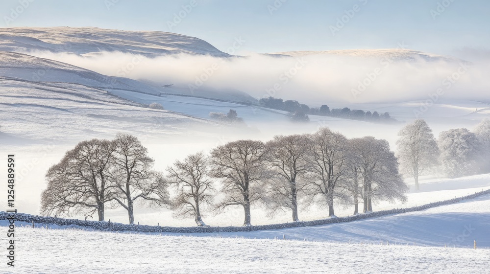 Snow-covered countryside with a line of trees in a misty setting