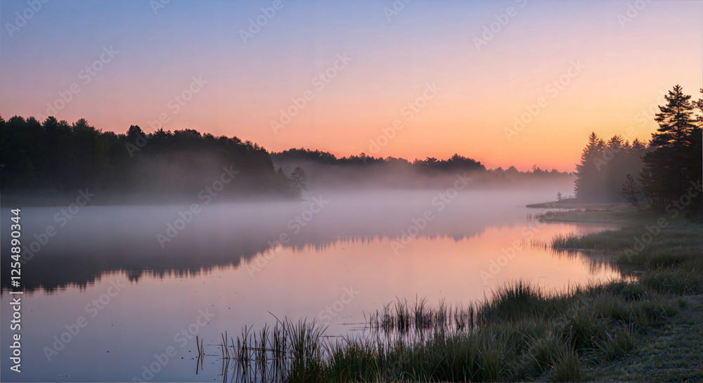 Fototapeta premium A serene Easter sunrise over a peaceful landscape, with soft golden rays illuminating a tranquil lake and the surrounding forests.
