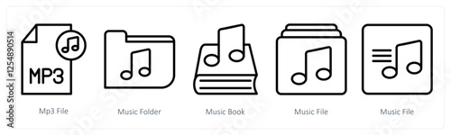 A set of 5 music icons as mp3 file, music folder, music book