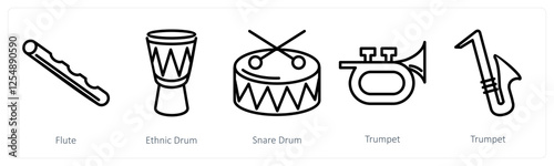 A set of 5 music icons as flute, ethnic drum, snare drum