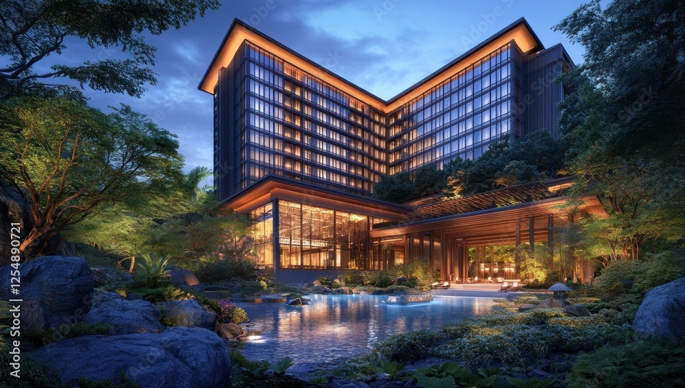 Obraz premium Luxury Hotel nestled in serene landscape at night