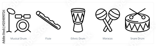 A set of 5 music icons as musical drum, flute, ethnic drum