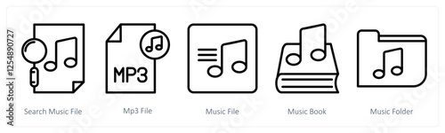 A set of 5 music icons as search music file, mp3 file