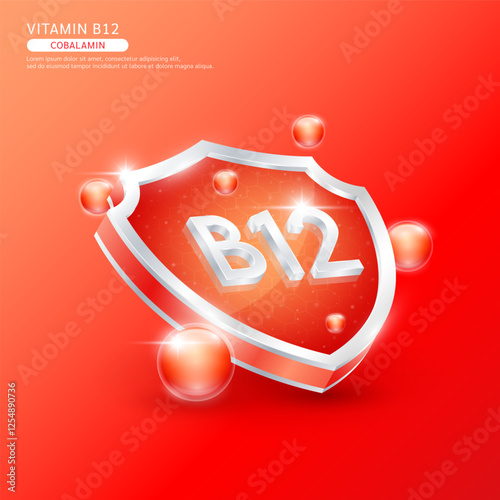 Vitamin B12 or Cobalamin in silver shield shape and red atom. Protect the body stay healthy. Used for nutrition products food. Medical scientific concepts. Isolated 3D Vector EPS10 illustration.