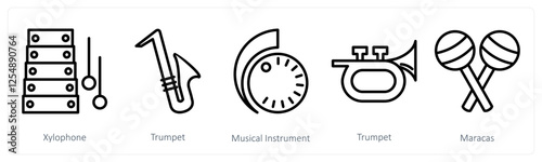 A set of 5 music icons as xylophone, trumpet, musical instrument