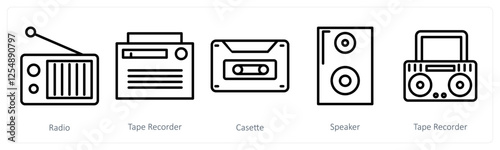 A set of 5 music icons as radio, tape recorder, casette