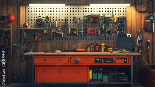Organized workshop with tools on a pegboard and wooden workbench