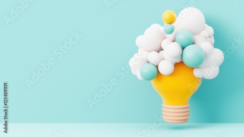 A colorful light bulb with clouds and bubbles, symbolizing creativity and innovative ideas against a pastel blue background.