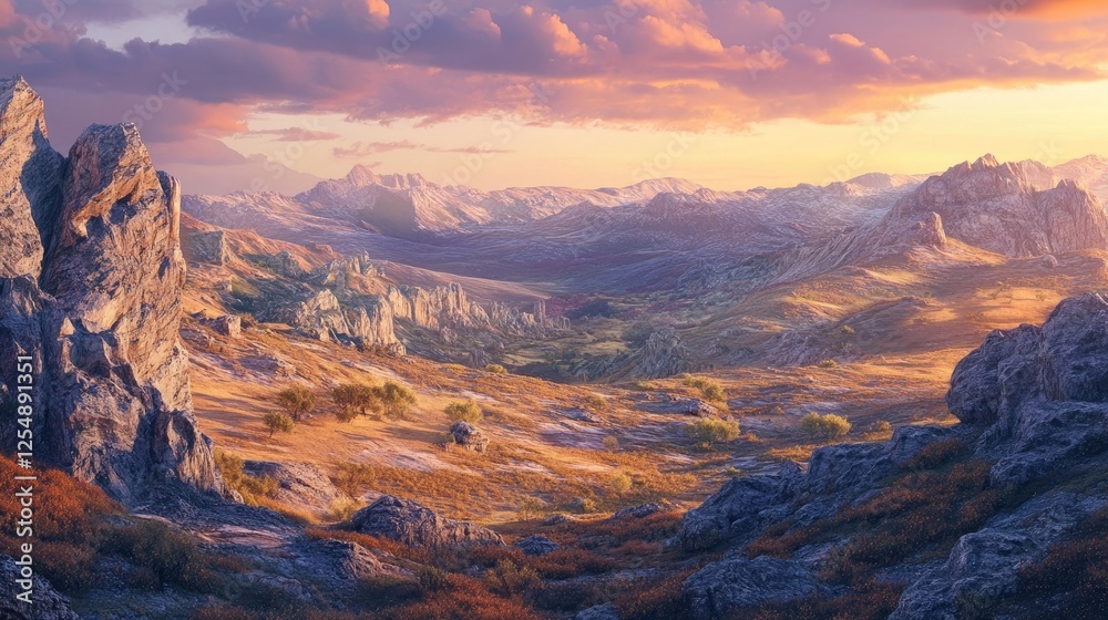 Obraz premium Stunning landscape of rocky valleys under the soft light of sunrise