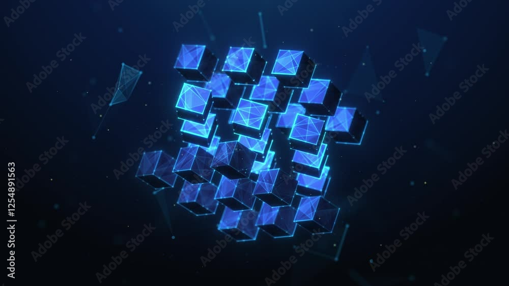 Lowpoly Animation of Blockchain Cubes Spinning in Center. Blockchain technology and cryptocurrency fintech solution animated looped concept by wireframe mesh on blue background