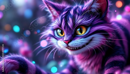 Cheshire Cat Digital Art: A whimsical purple feline with a mischievous grin, set against a vibrant bokeh background.