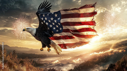 A patriotic depiction of a bald eagle holding an American flag in its talons