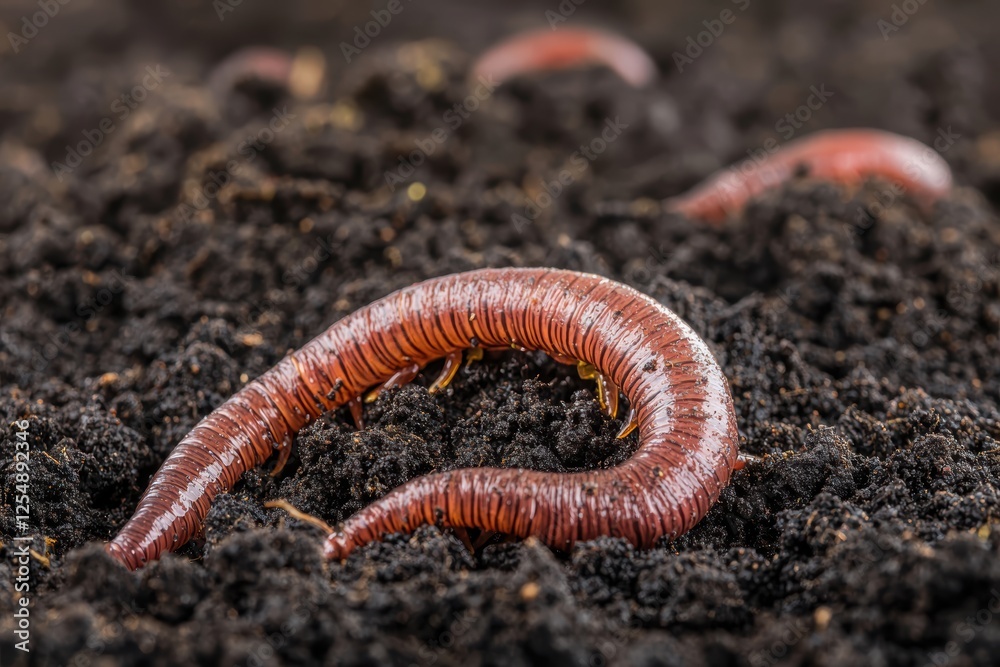 Dynamic close-up of worms in dark, damp soil, illuminated by soft natural light, showcasing a healthy compost ecosystem Dynamic close-up of worms in dark, damp soil, illuminated by soft natural light, showcasing a healthy compost ecosystem