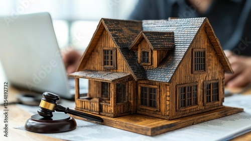 Wooden house model, lawyer, legal documents, online discussion, real estate, auction photo