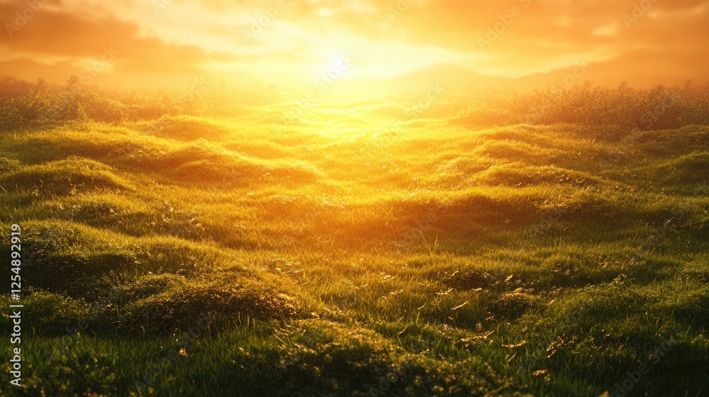 Sunrise over a green meadow glowing in the golden morning light Sunrise over a green meadow glowing in the golden morning light